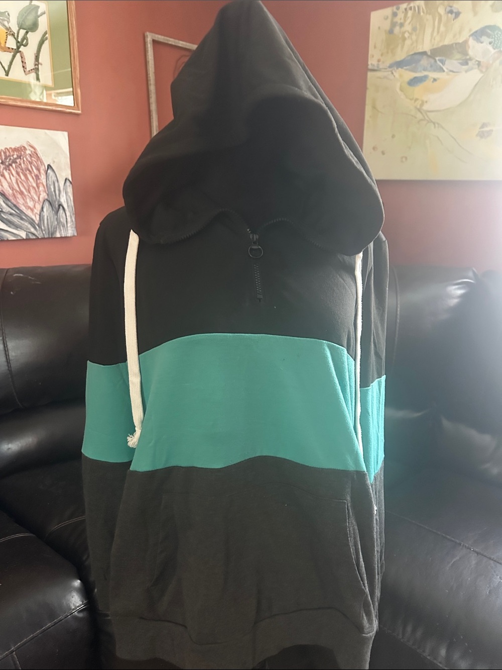 Women’s Black and Teal Colorblock Hooded Sweater